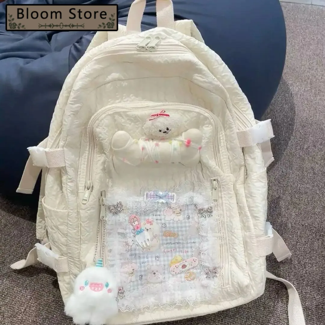

Bloom Hot Girls Y2k Backpacks Women Haruku Aesthetic Bear Bone Lace Large Capacity Schoolbag Ladies Vintage White Mochila