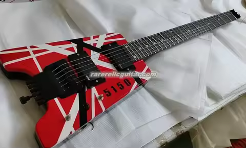 2025 In Stock Eddie Van Halen 515 Red White Black Headless Electric Guitar EMG Pickups Tremolo Bridge Black Hardware