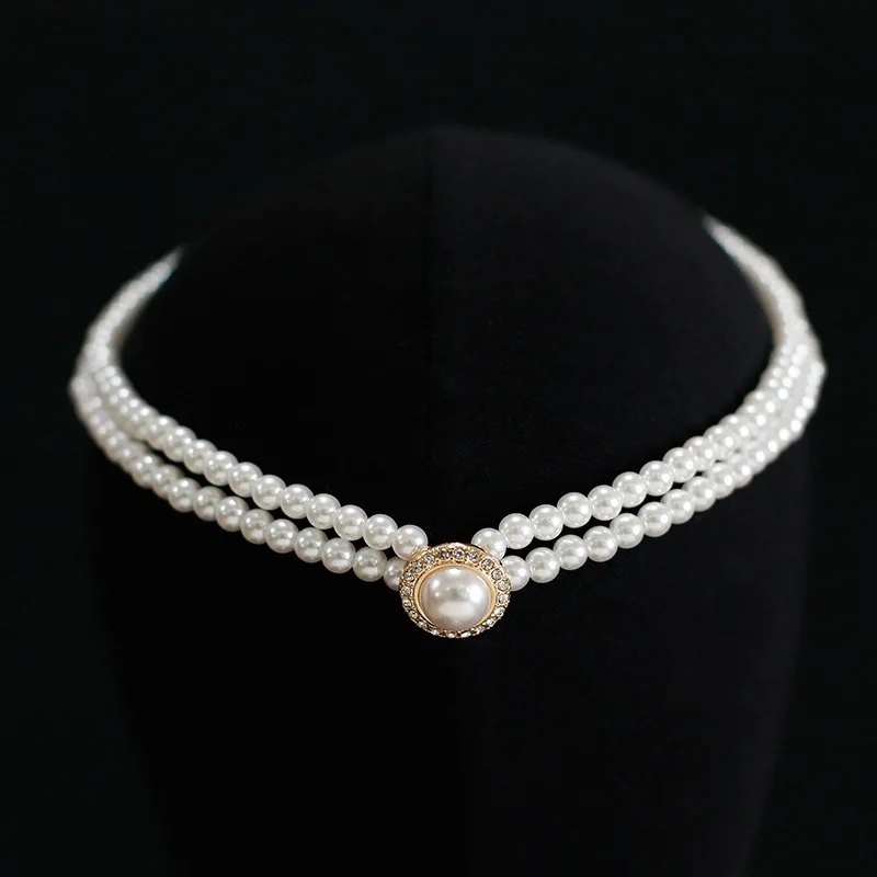 Elegant Double Layer Pearl Chokers Necklaces for Women Crystal Round Imiation Pearls Charms Necklace Short Chain Collar Jewelry