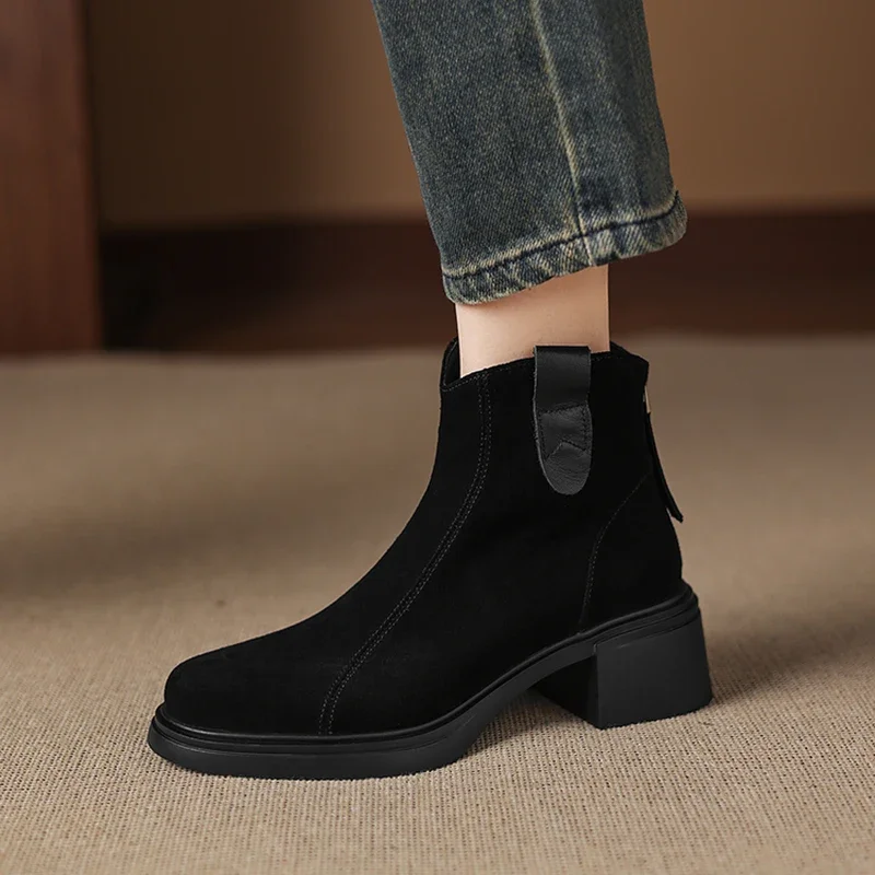 2026 new autumn winter women ankle boots plus size 22-26cm cow suede round toe thick heel back zip short boots western