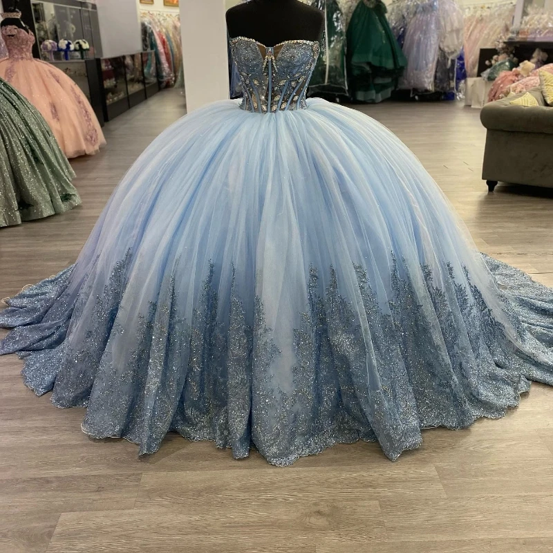 Sky Blue Quinceanera Sweet 16 Dresses Lace Applique 3D Flower Beading Crystal With Cape Lace-up Prom Ball Gowns Graduation