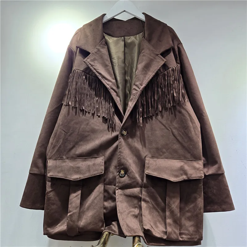 

Женский американский пиджак для спецодежды, осень 2023, новый дизайн, повседневная куртка с кисточками и большими карманами с лацканами