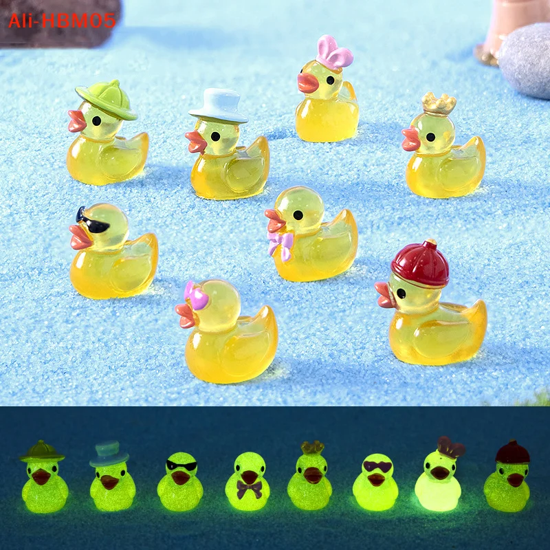 (HB05) 8 pièces de mini-canards jaunes lumineux en résine, figurines de canard qui brillent dans le 