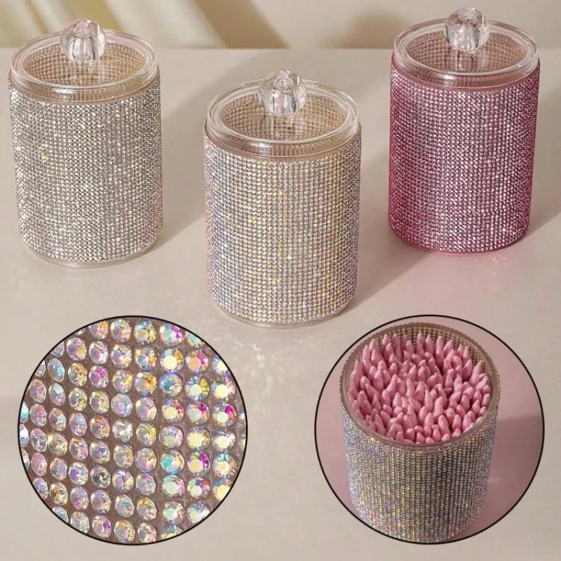 Diamond-Studded Cotton Swab Storage Jar, Decorative Bathroom Vanity Countertop Makeup Desk Storage Box