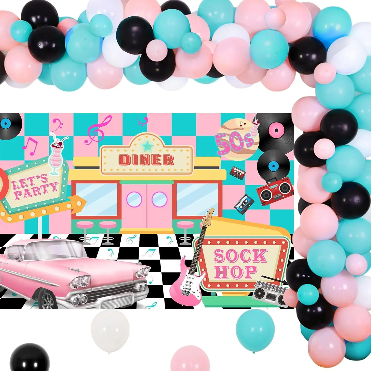 

Cheereveal 50's Theme Party Decorations Sock Hop 50s Party Decorations with Music Note Balloons Disco Ball Balloons 50s Backdrop