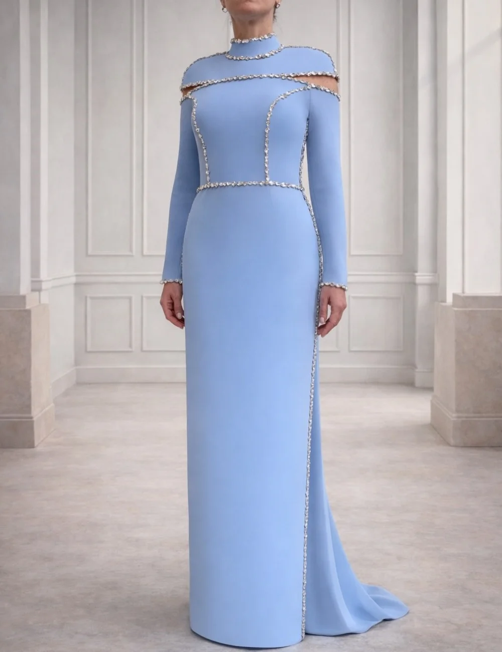 Customized Blue Luxury Sparkle Jersey Pleat Rhinestone Column High Collar Long Dresses Evening Dresses Sizes Available Fashion