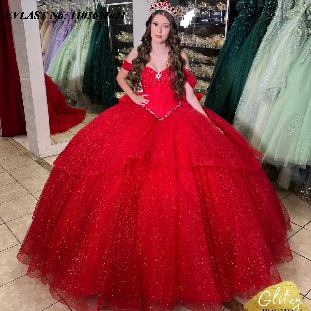 EVLAST Customized Red Off Shoulder Quinnceanera Dress Ball Gown Applique Beaded Tiered Corset Sweet 16 Vestidos De 15 Anos SQ640