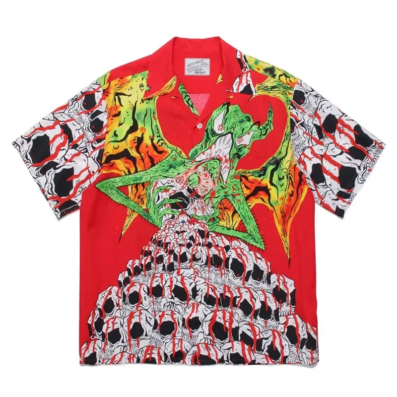 

Classical New Ghosts Graffiti Illustration Printing Short Sleeve Tops Men Woman 1:1 High Quality WACKO MARIA Hawaii Shirt