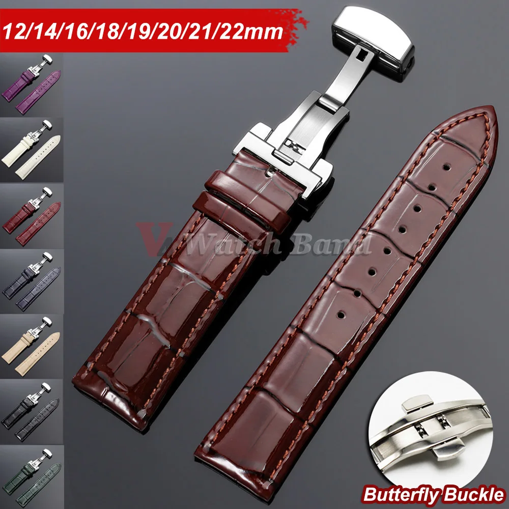 Bracelet de montre en cuir brillant, 12/14/16/18/19/20/21/22mm, boucle papillon, pour Seiko, bracelet en cuir de vache pour montre Omega