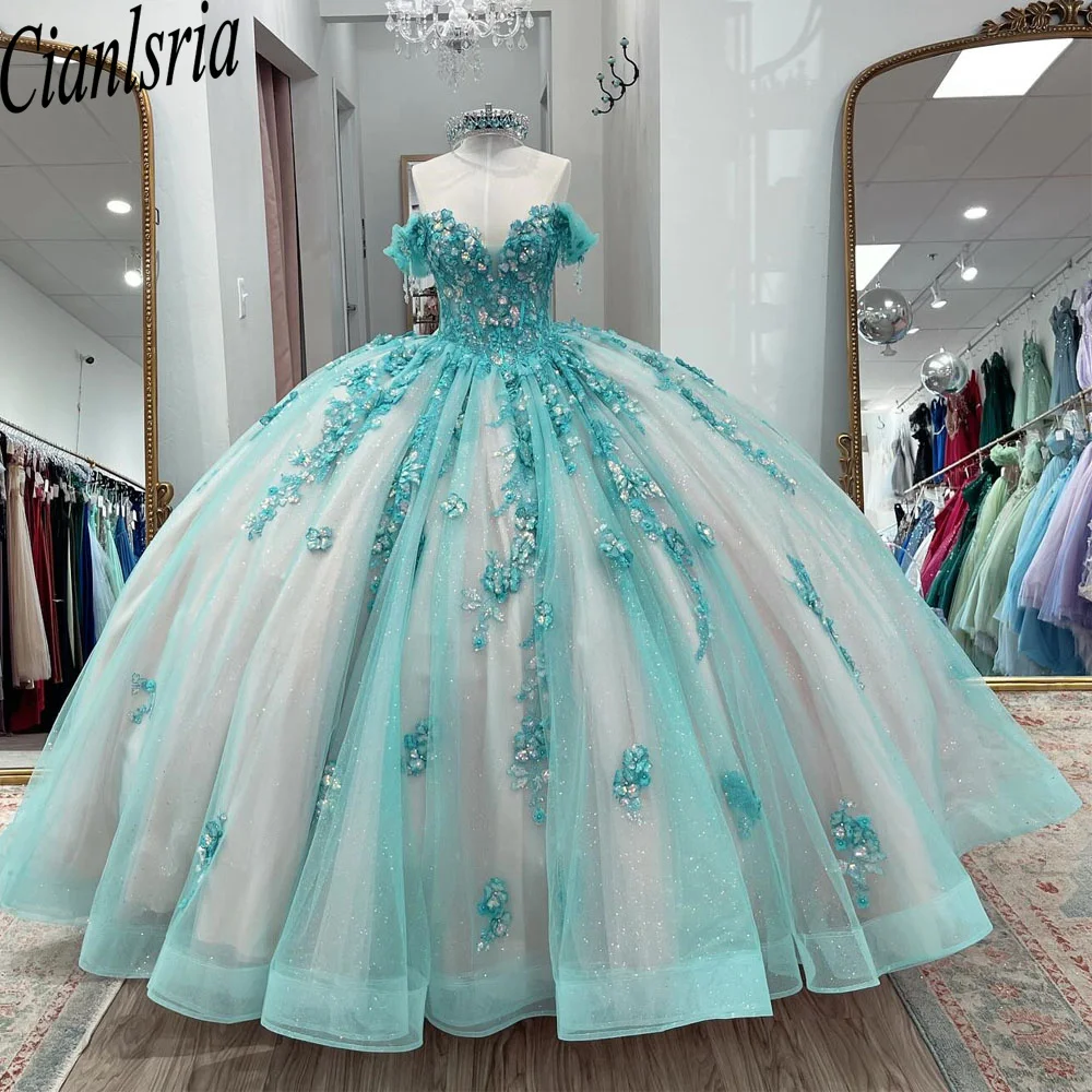 2024 Champagne Mint Quinceanera Dress Ball Gown Lace Applique Beading Mexican Corset Sweet 16 Vestidos De 15 Anos