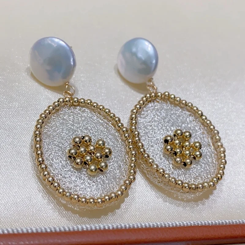 

SGARIT Trending Pearl Jewelry Italian Craftwork Oval Lace 13-14mm 14k Filled Gold Natural Button Pearl Drop Earrings Jewellery