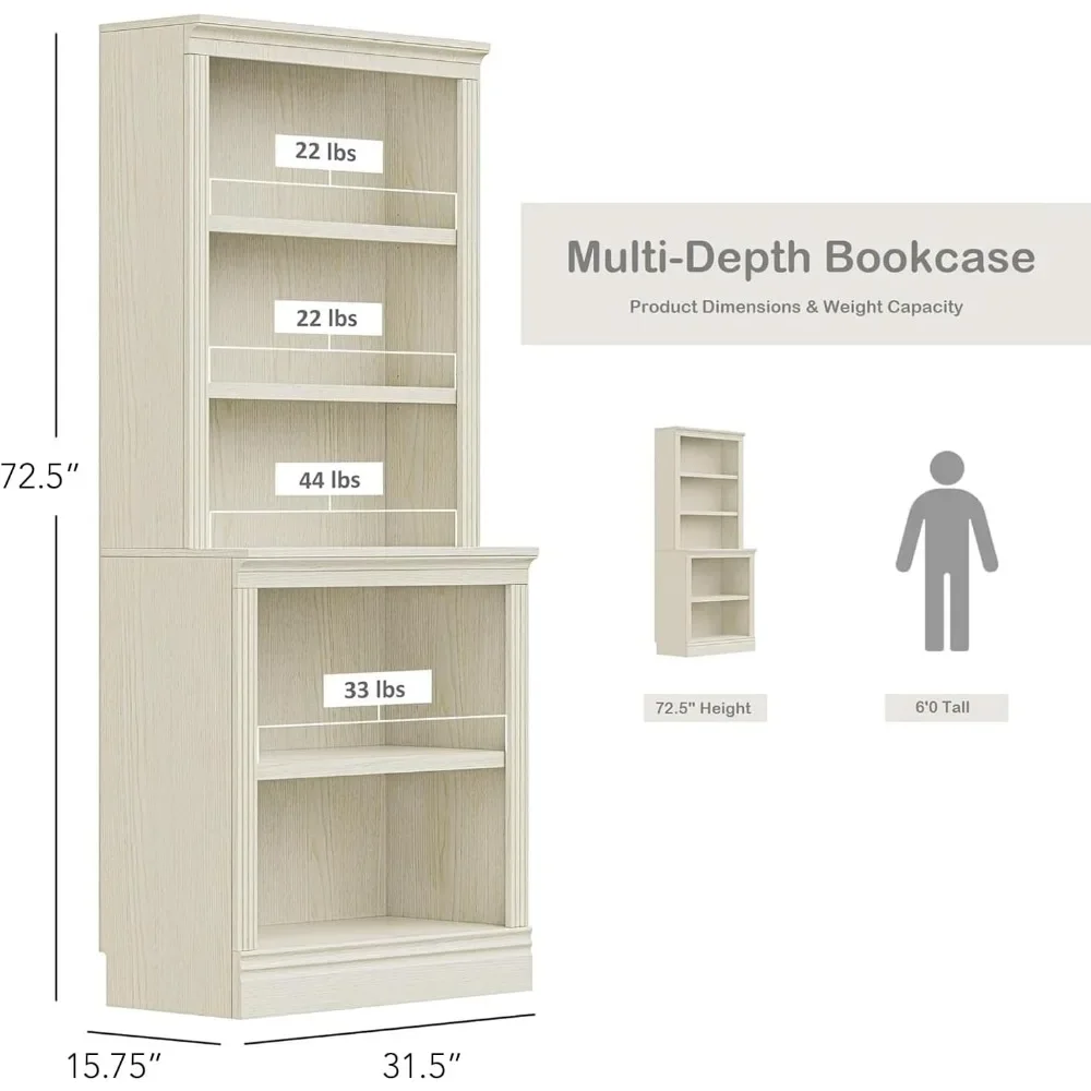 Multi-Depth Bookshelves and Bookcase Floor Standing 5 Tier Display Shelves Organizer and Storage, 72in Tall Bookshelf f