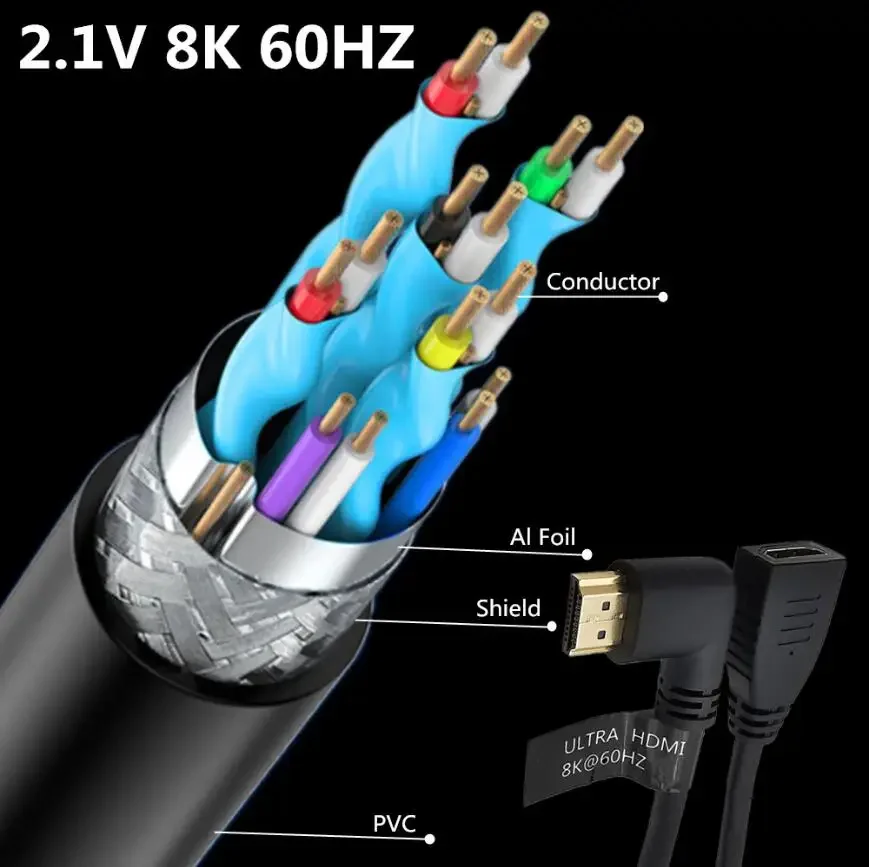 90 Degree Left/Right Angle 8K 60HZ UHD Ultra HD HDMI-Compatible 2.1V Male To Female Cable 4K 120HZ 15cm 50cm 1M for Xbox PS4 PS5