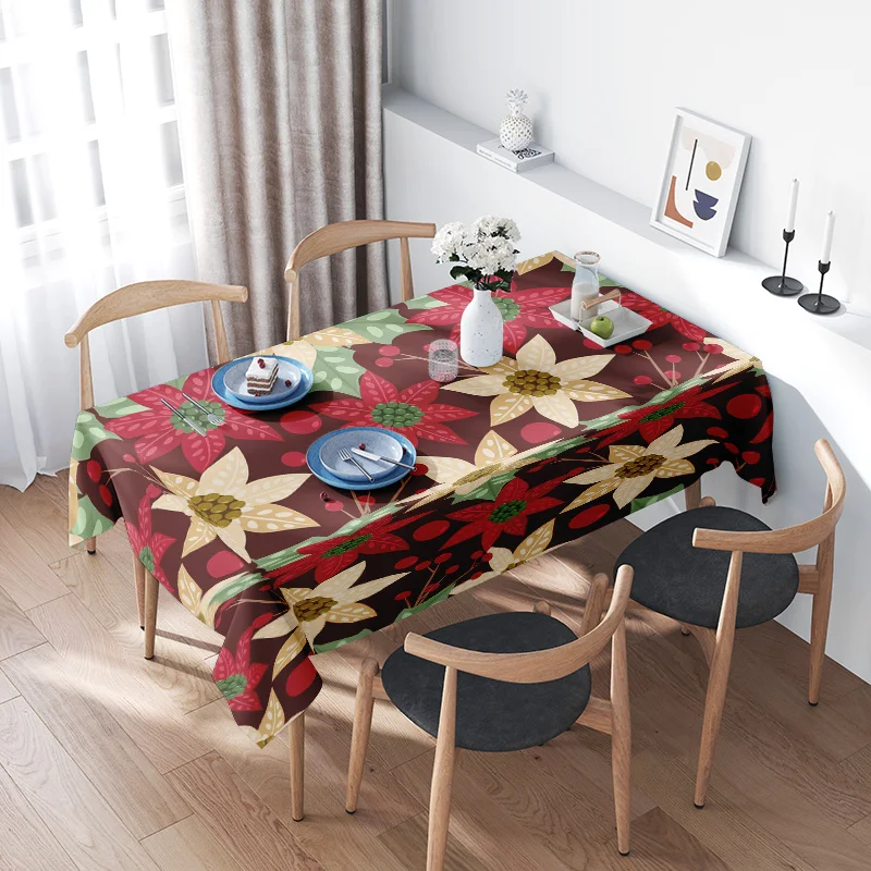 

Festive Floral Tablecloth Set Perfect for Holiday Dining Elegant Red Green Table Cover with Cherry Blossom Design Includes 4 Cha