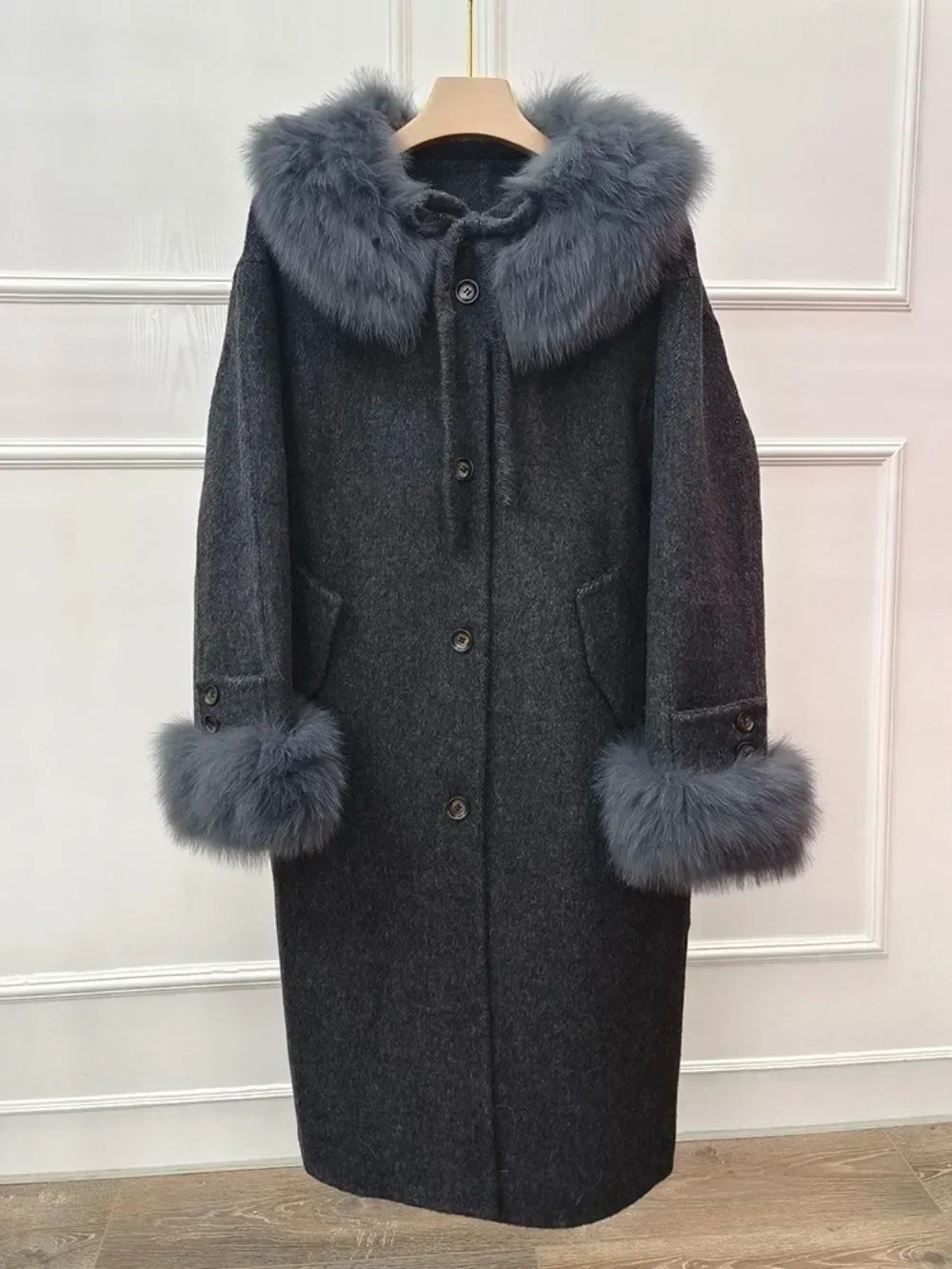 2024 خريف شتاء جديد معطف الصوف الفراء طويل دافئ واحد زر سترة الكشمير معطف الصوف المرأة الطبيعية الثعلب الفراء سترة الإناث
