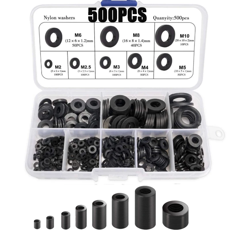 Conjunto de sortimento plano de arruelas de nylon, 500 peças com placas de segurança de 8 tamanhos m2 m2.5 m3 m4 m5 m6 m8 m10 arruelas de vedação de nylon