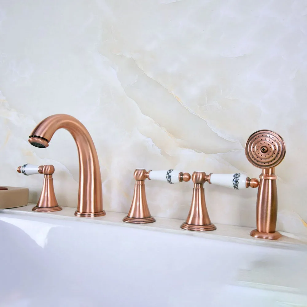 

Bathtub Faucets 5 Pcs Antique Red Copper Bath Tub Faucet With Hand Shower Bathroom Roman Tub Faucet Ltf208