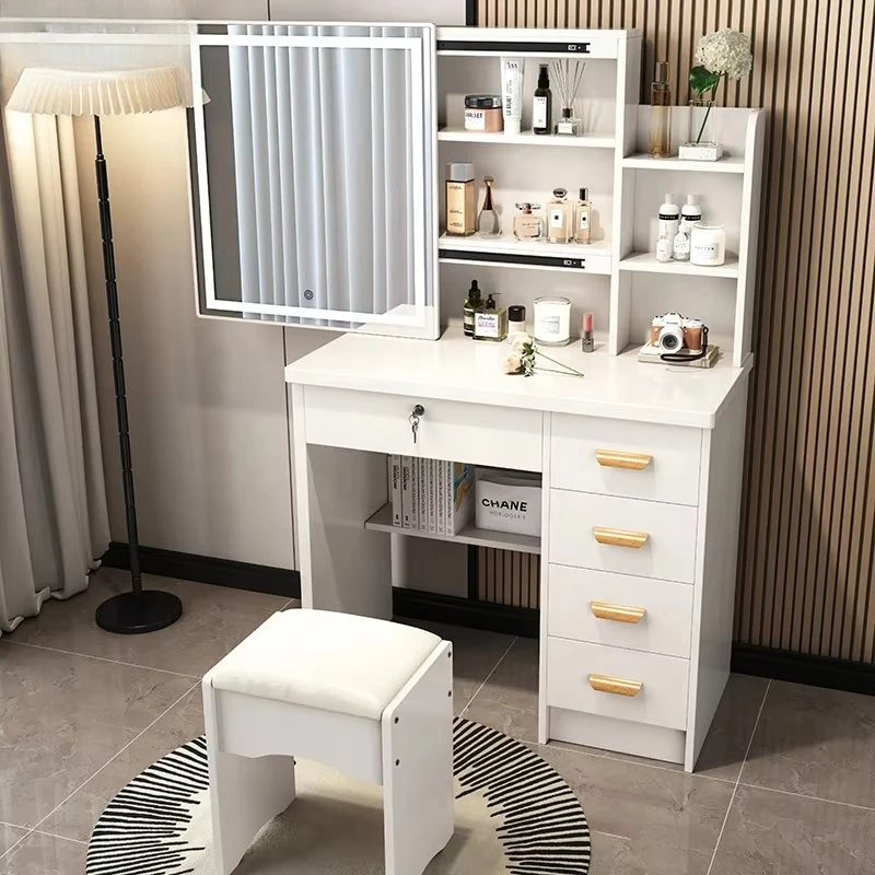 Muebles para el hogar, organizador de cajones blanco moderno y barato, sillas de tocador para el pelo, tocador de maquillaje para dormitorio con espejo y luces Led