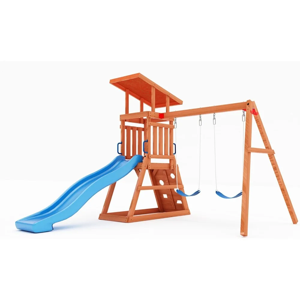 

Backyard Wooden Swing Sets for Kids: Dolphin Playground with 6-Foot Slide, Sand Pit, Climbing Wall, and 2 Swings