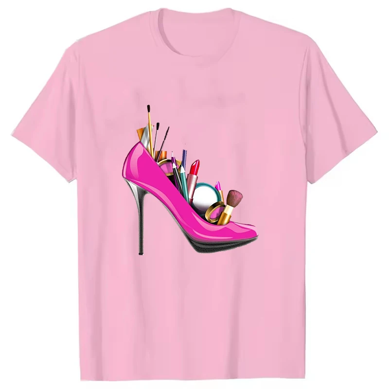 Cosmetics High Heels Pattern Men Women T-Shirt Short Sleeves Fun Unisex Tee Summer Trend Large Size Round Neck Couple Top Shirts