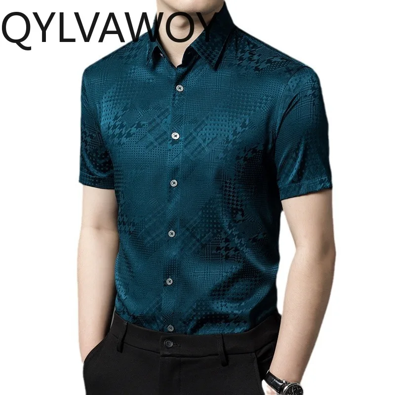 QYLVAWOY 92% Mulberry Silk Men's Shirts Jacquard Shirts for Man New Summer Menswear Clothing Premium Shirt Tops Business Casual