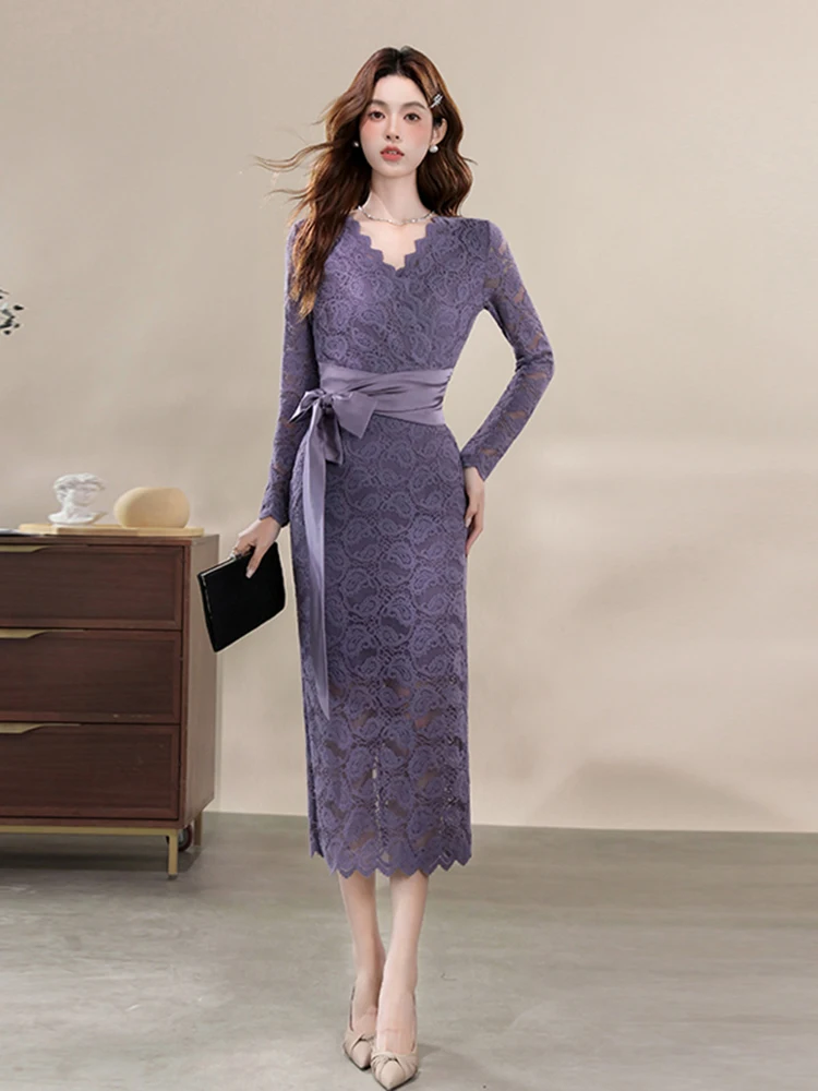 秋冬の女性のエレガントなレースのパーティードレス新しい紫アプリコットファッション長袖ウエストバッグヒップパーティーロングドレス S292