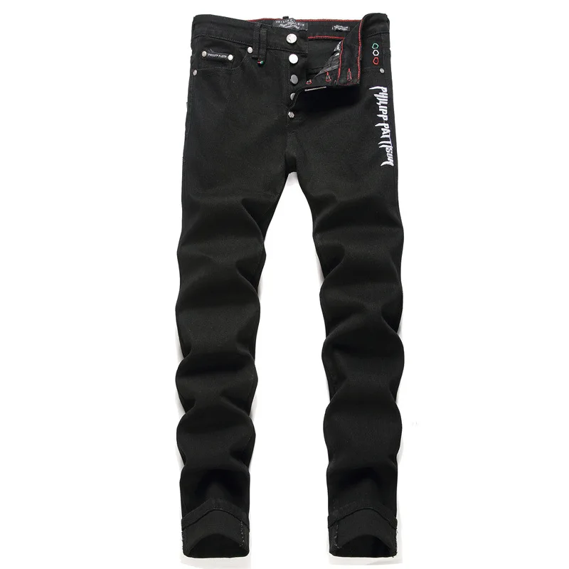 

Mid-Waist Black Men's Monogram Embroidered Jeans 2024 Punk Style Slim Stretch Fashion Casual Pants