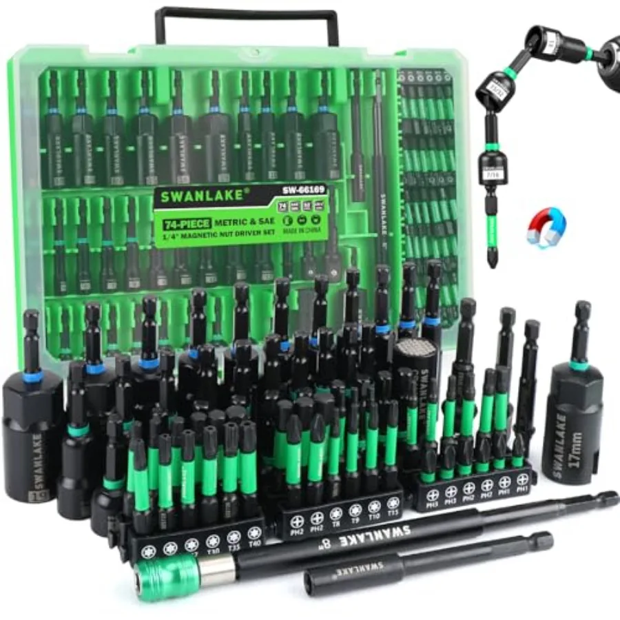 

Набор магнитных насадок для ударной дрели из 74 предметов: метрические и дюймовые ударные головки, биты с магнитным держателем, универсальные насадки Wing 1