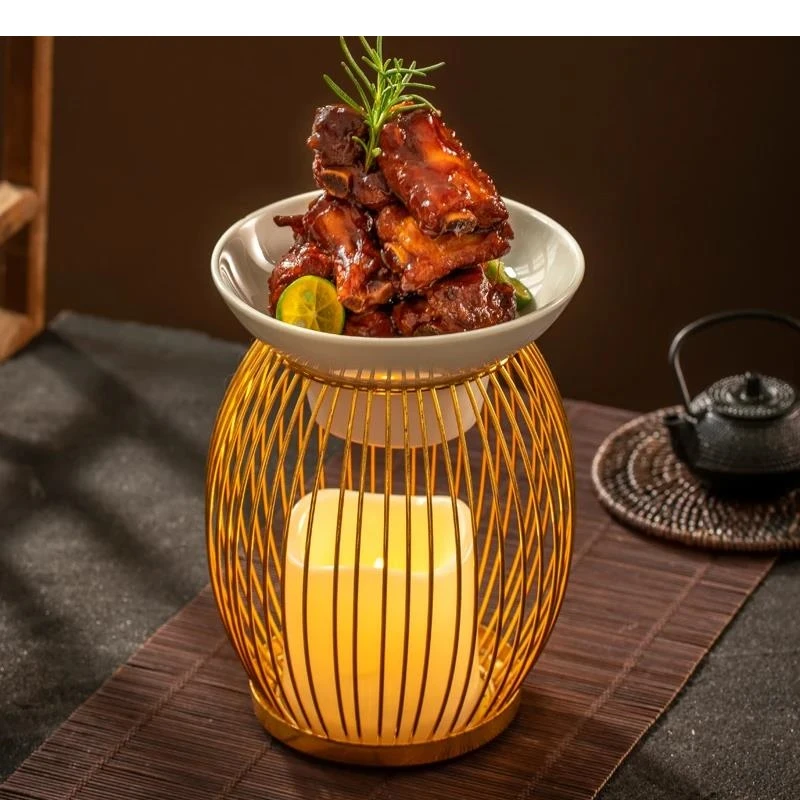 

Lantern Plate Chinese Restaurant Reheatable Main Dish Ceramic with Heating Furnace Home Kitchen Round Tableware