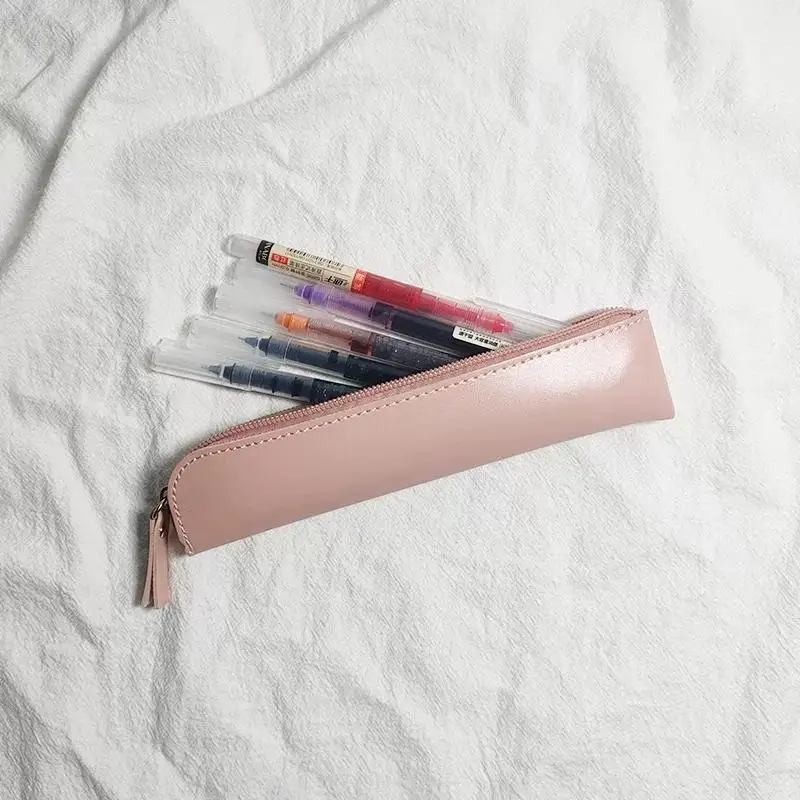 【B】Vintage PU Thin Pencil Case Zipper Practical Pencil Bags Soft Student Stationery Pen Storage Bag For Kids School Supplies