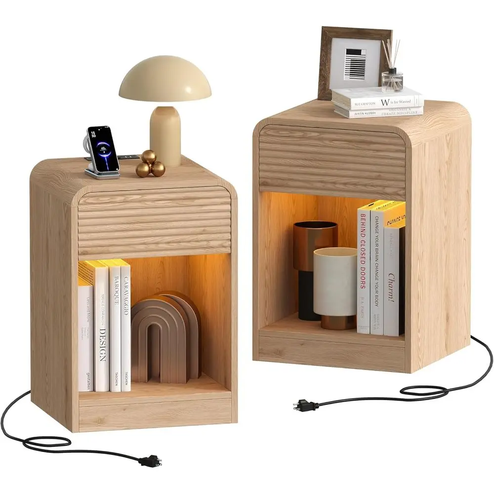 

Nightstand Set of 2, RGB LED Night Stand with Charging Station, Wooden Bedside Table with Drawer, Mid Century End Table for Bedr