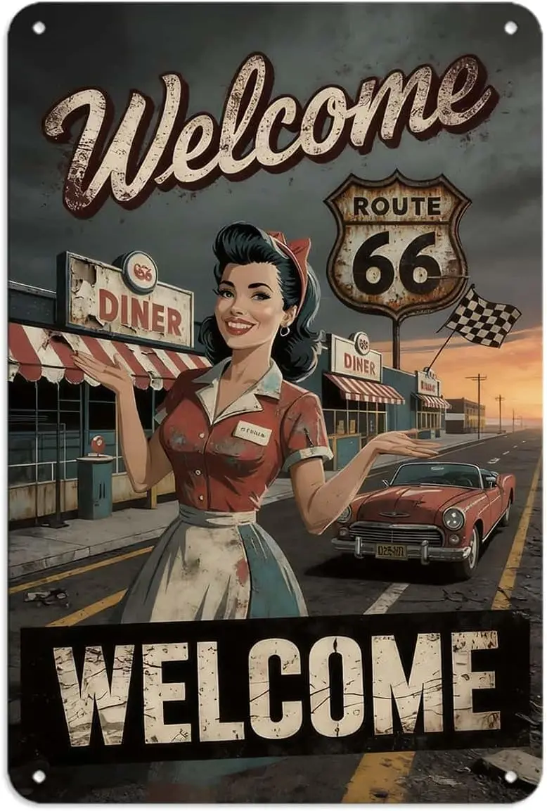 Welcome Route 66 Diner tin Sign, Vintage Retro American Diner Girl Metal Signs Retro Rustic Metal Wall Decor for Bar Kitchen Bed