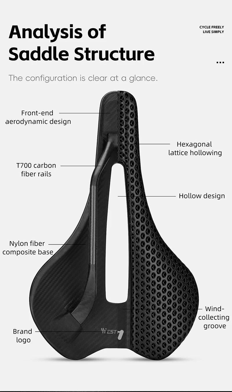 WEST BIKING 3D-Gedruckter Fahrradsattel T700 Carbonfaser Titan-Legierung Cr-Mo Sitzbügel Komfort-Polster für Rennräder 145/150mm – Detail 8