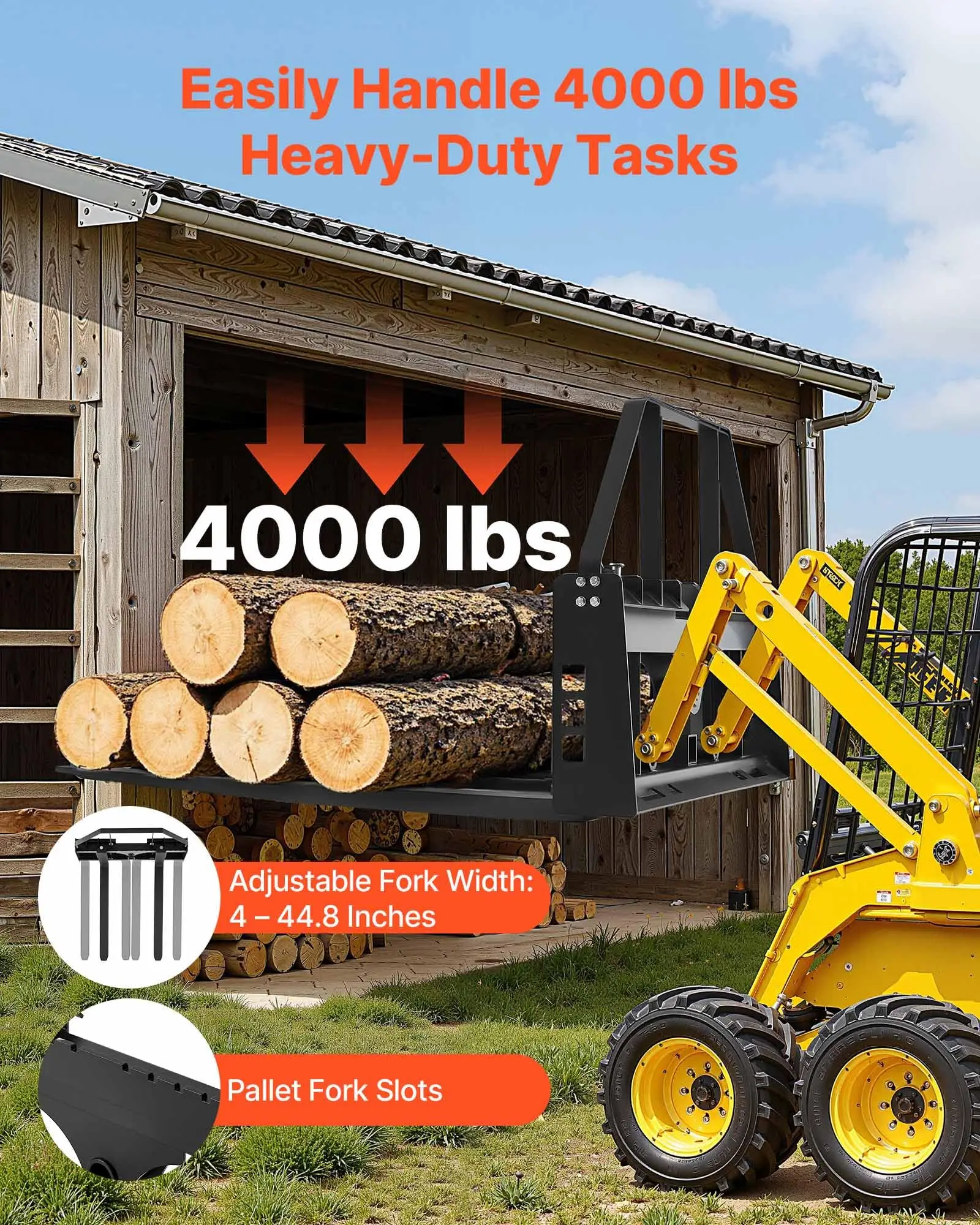 Skid Steer Pallet Forks, 4000 lbs Rated Capacity, Pallets Fork Frame Attachment with 42-inch Pallet Forks Forklift