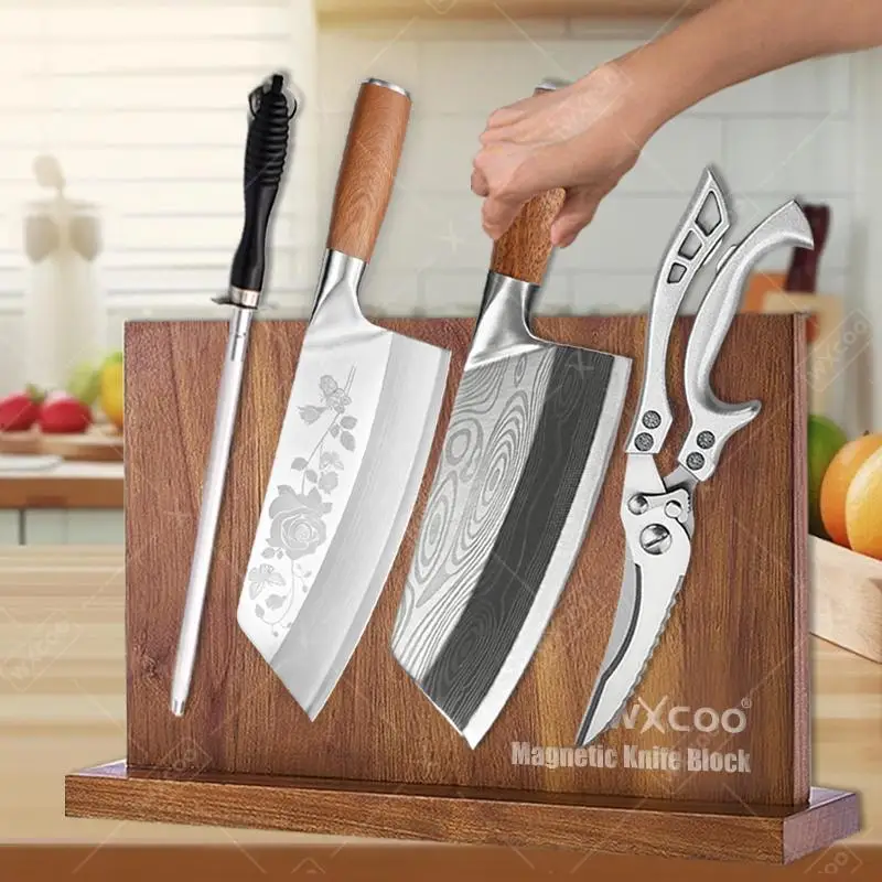 

Acacia Wooden Long Magnetic Knife Block Kitchen Knife Set Wooden Handle Meat Cleaver Powerful Chicken Bone Scissors Boning Knife