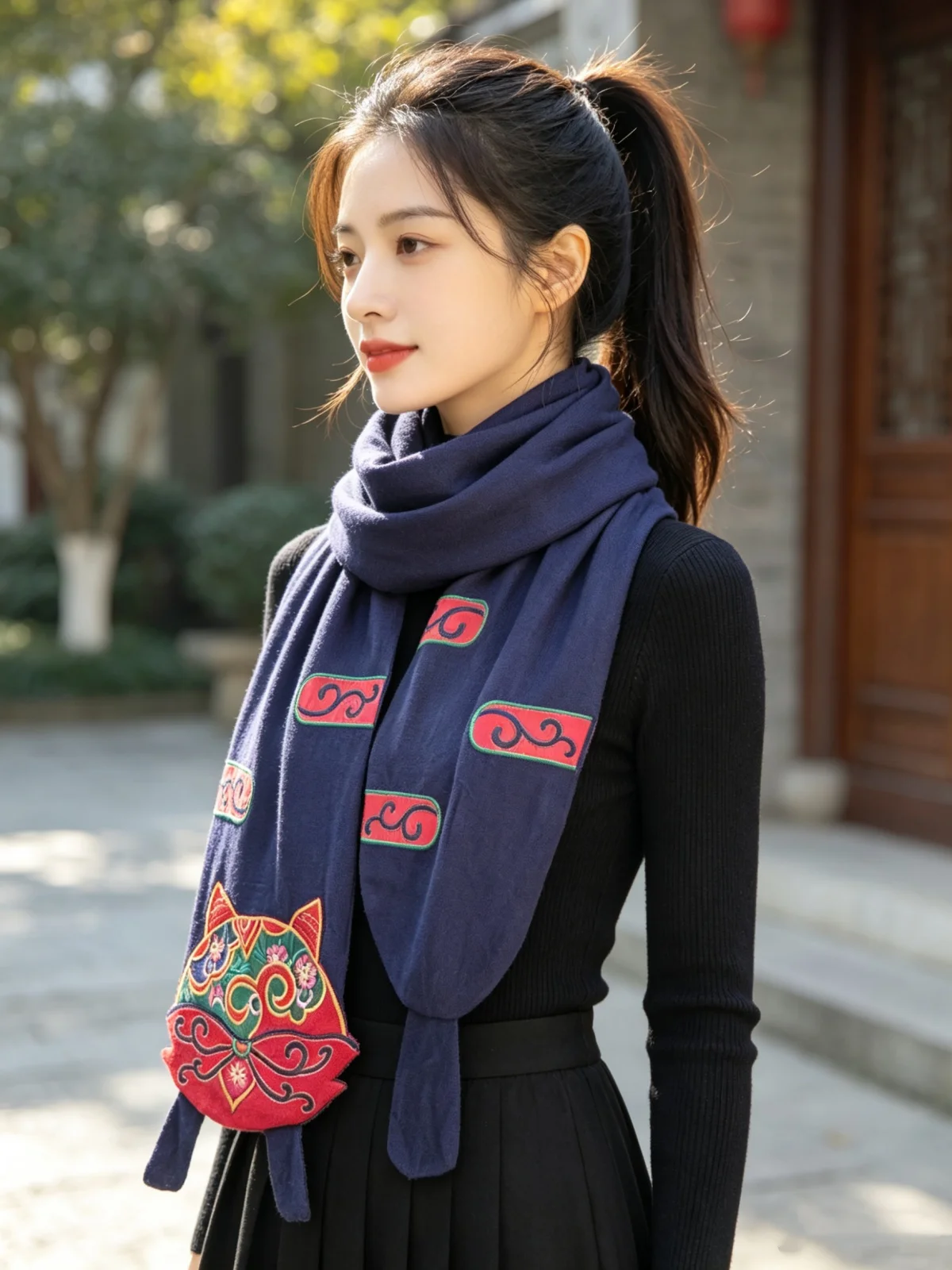 On Sales Vintage Women's Scarf Ethnic style embroidered knitted tiger head patch scarf
