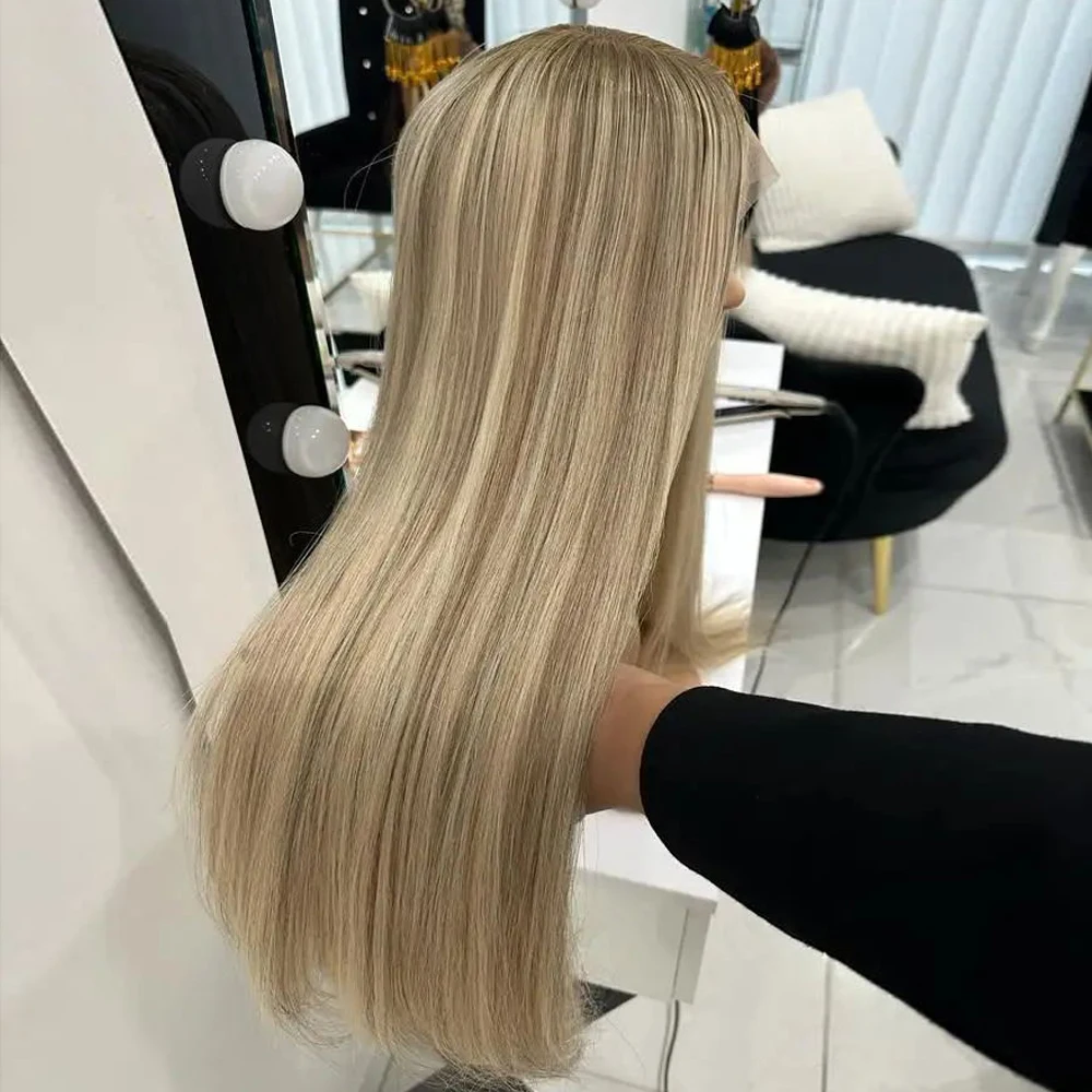 Peluca recta de pelo Natural europeo, alta calidad, rubia fresca, reflejos Balayage, encaje completo, HD 13x6, encaje frontal superior, 180%