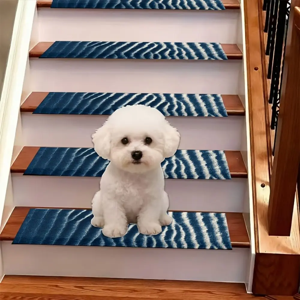 VIKAMA Blue and White Wave Texture Stair Mat  Easy to Clean Multi-functional Wooden Stair Stone Step Anti-slip Protection Carpet