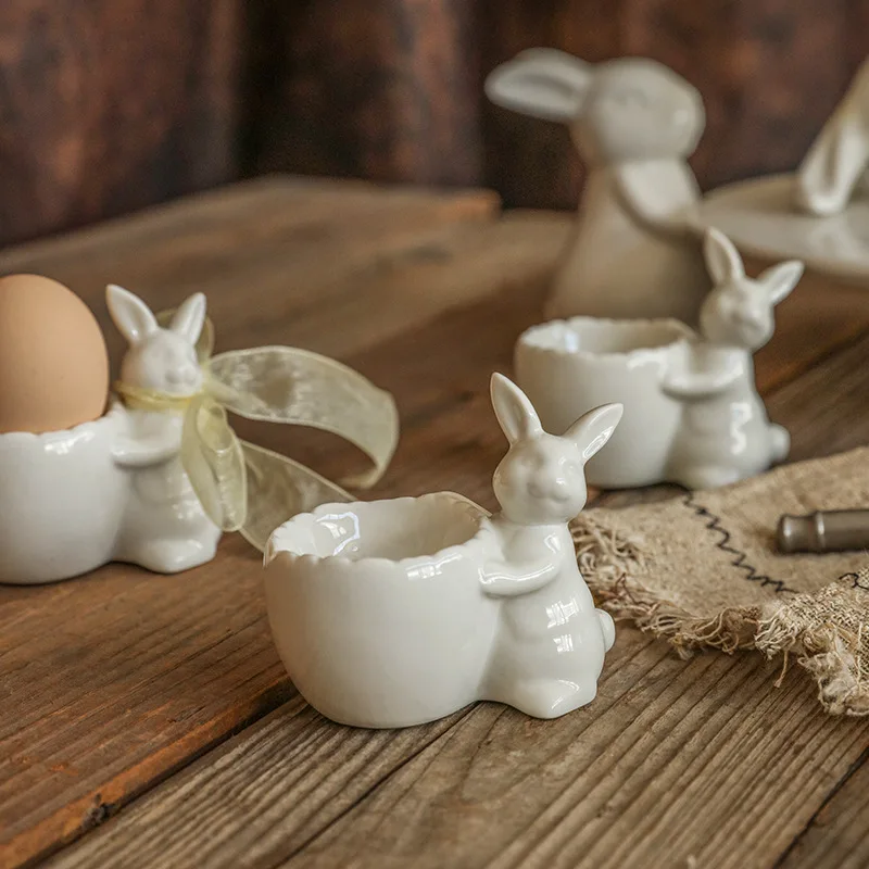 Breakfast Egg Cup Rabbit Egg Holder Ceramic Creative Living Room Ornament Egg-shaped Candle Holder Pure White Egg Cup