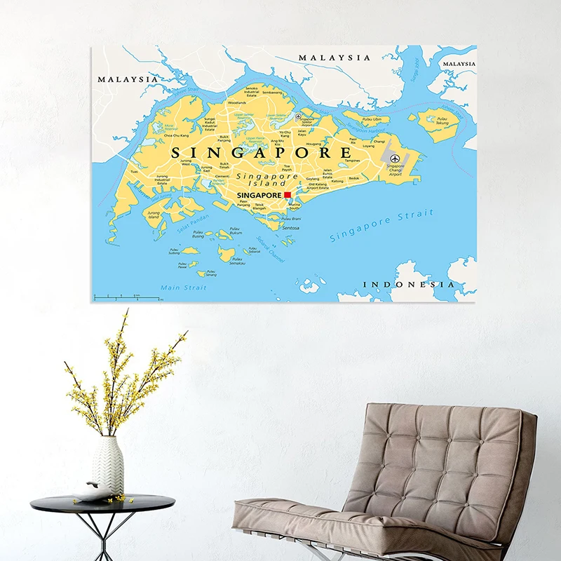 225*150cm The Singapore Administrative Map Non-woven Canvas Painting Wall Art Poster Unframed Print Living Room Home Decoration