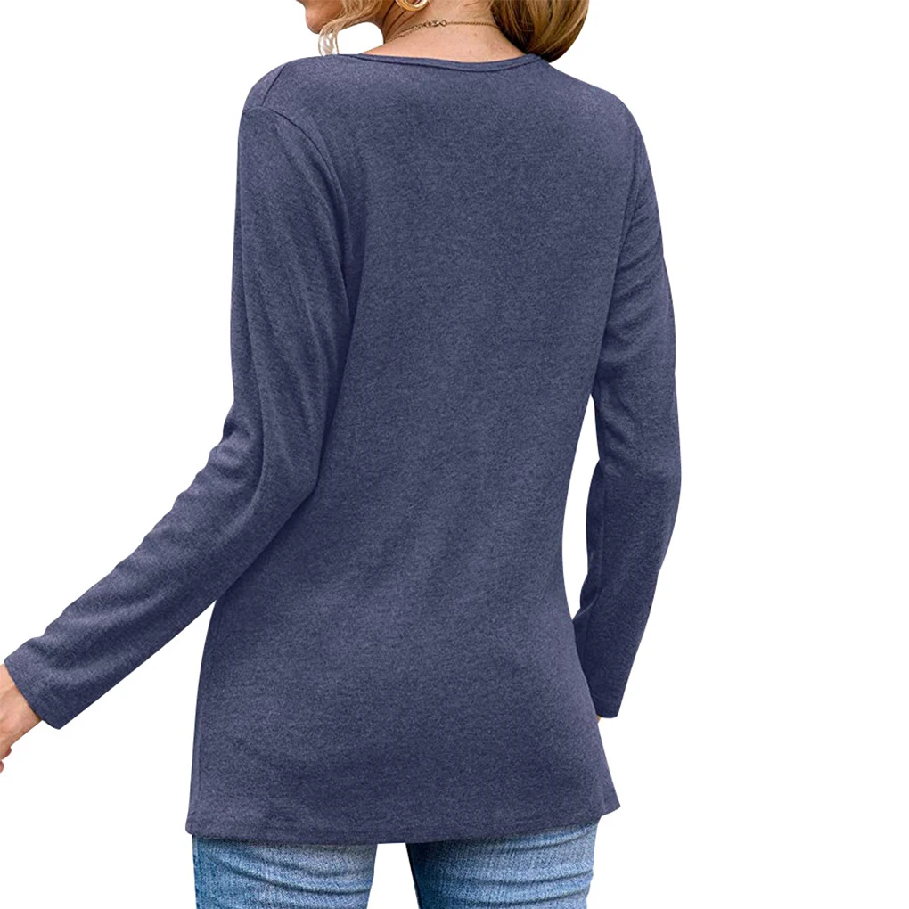 Damen T-Shirt mit V-Ausschnitt, langärmelig, einfarbig, Bluse, T-Shirt, Dunkelgrün, XL