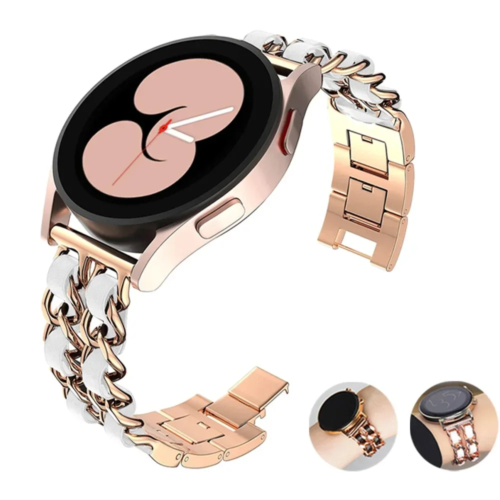 

Металлический + кожаный ремешок 20 мм 22 мм для Samsung Galaxy Watch 6/5/4 40 мм 44 мм Active 2, милый женский браслет для Huawei GT2 GT3 42 мм 46 мм