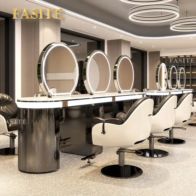 For Hair Stainless Steel Mirror Table Double Sided Marble Hairdressing Station High End Barber Shop Cutting Perm Dyeing