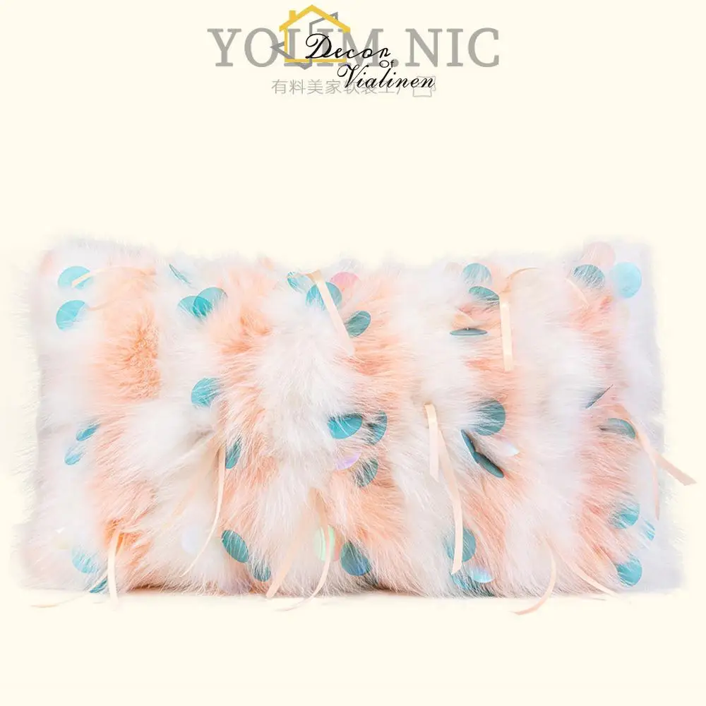 Nordic Cute Rabbit Hair Waist Pillow for Girls' Room Rectangular Cushion Pink and White Pillow for Children's Room Model Room Pi