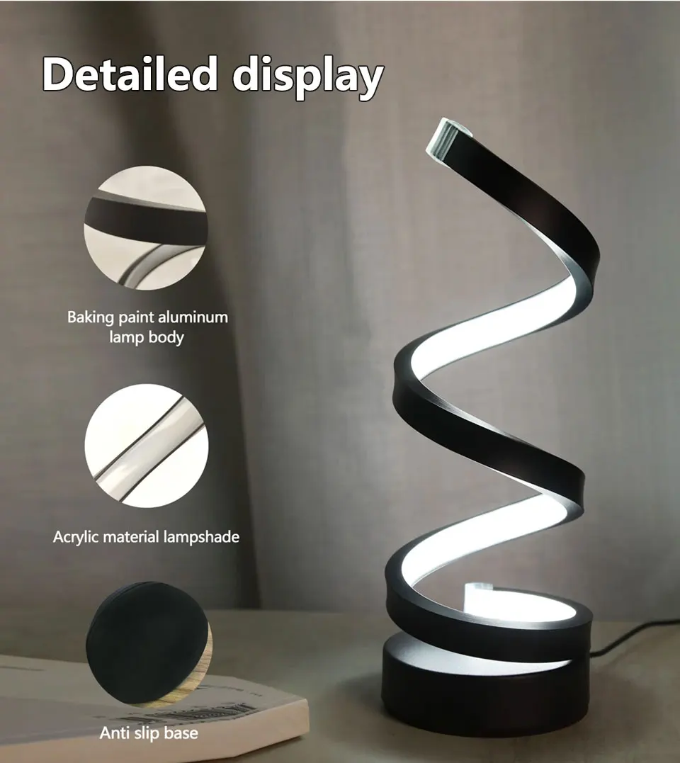 USB Plug in Creative Spiral LED Night Light Dimmable 3 Colors Adjustable for Living Room Office Desk Table Bedroom Bedside Decor