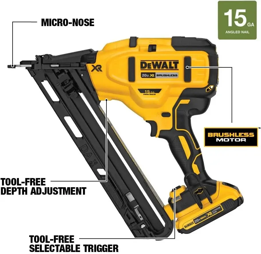 DEWALT 20V MAX Finish Nailer Kit, Angled, 15GA, Battery, Charger & Bag (DCN650D1)