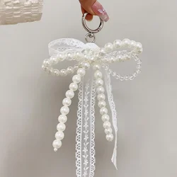 Korean Cute Lace Bow Pearl Beaded Phone Pendant Chain Accessories Aesthetic Ballet Shoes Camera Bag Decoration Keychain Gift