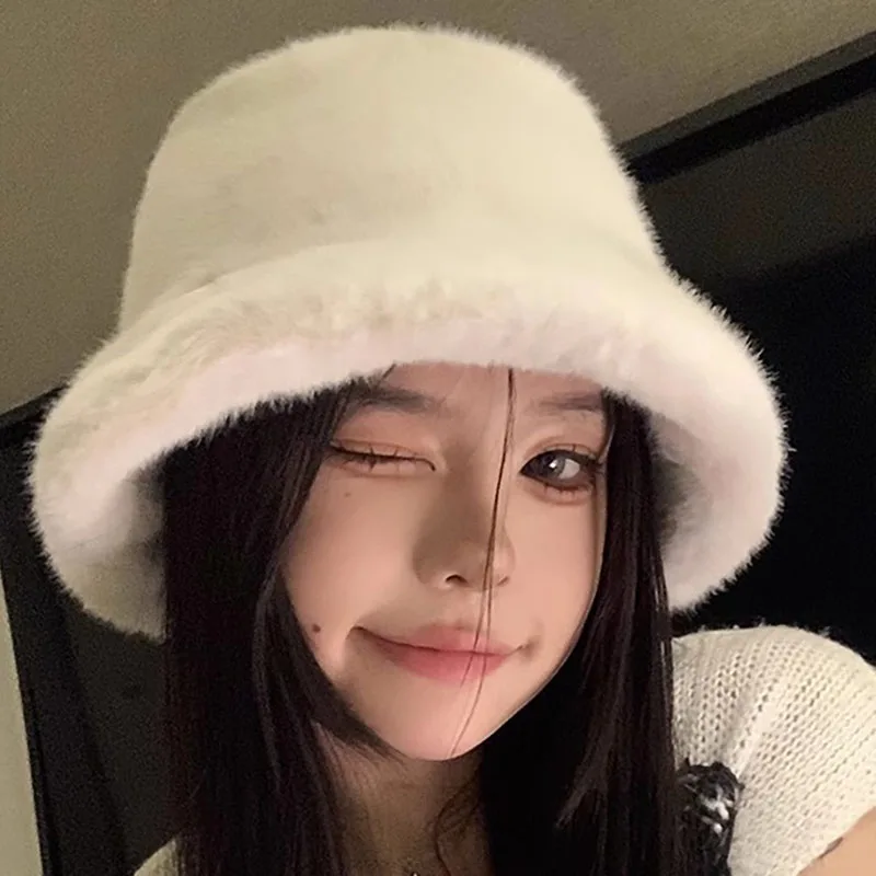 Fluffy Fur Bucket Hat for Women Plush Fisherman Hat Warm Female Winter Hats Thicken Cold Snowy Day Panama Cap Chrismas Gifts New