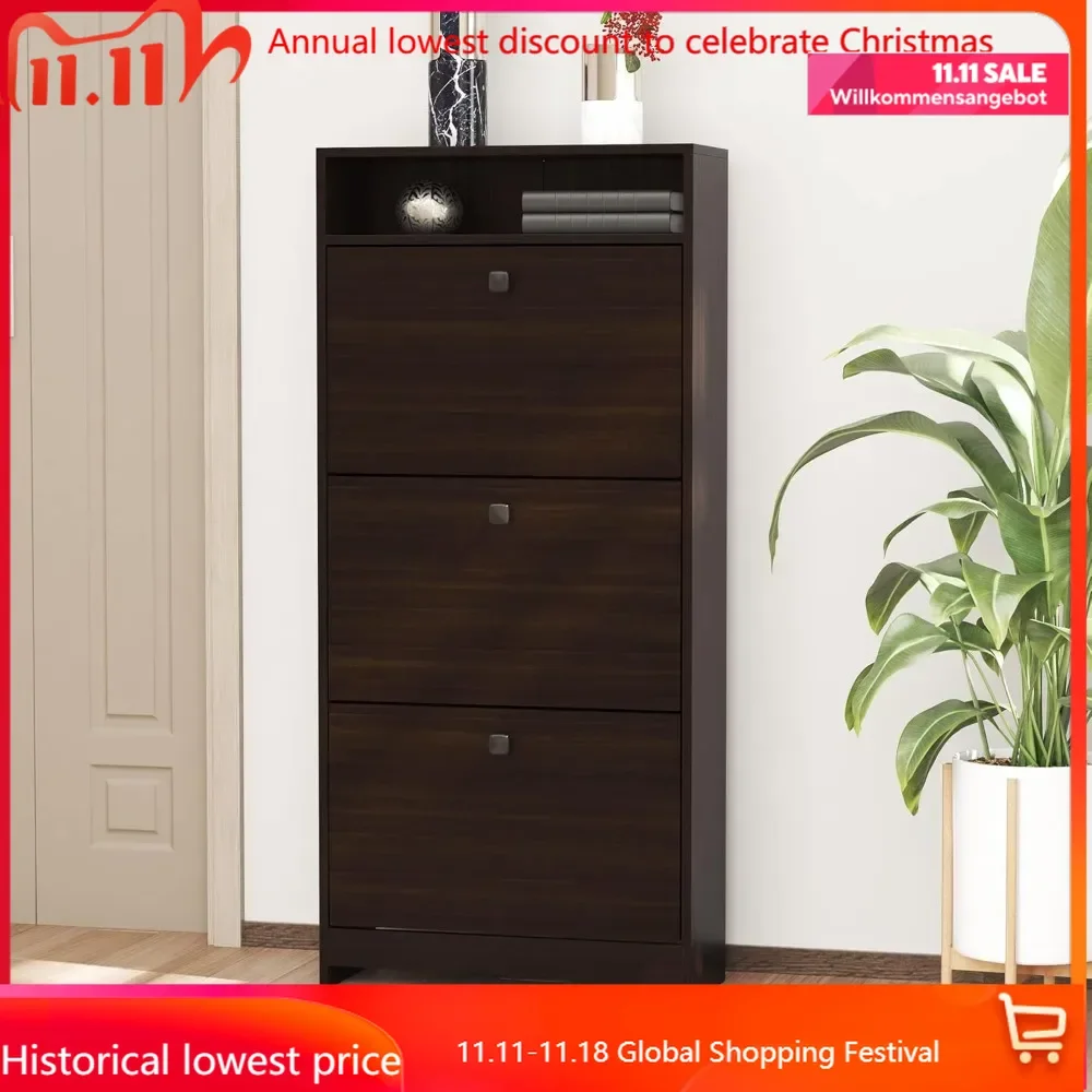 

Slim Shoe Cabinet, Trendy Shoe Storage Cabinet with 3 Large Fold-Out Drawers & a Spacious Top Surface for Small Items,