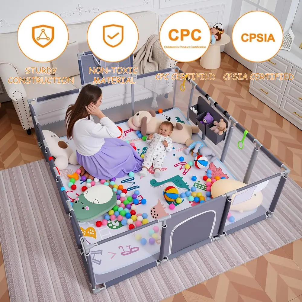 赤ちゃんや幼児用のグレーのプレイペン、79x71、マット、オーシャンボール、吊り下げポケット、バスケットボールフープ付き - 屋内/屋外使用